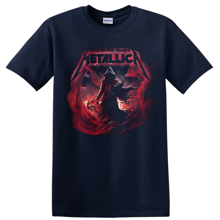 Metallica The Small Hours gothic grim reaper and red clock graphic on a Navy (Blue) T Shirt