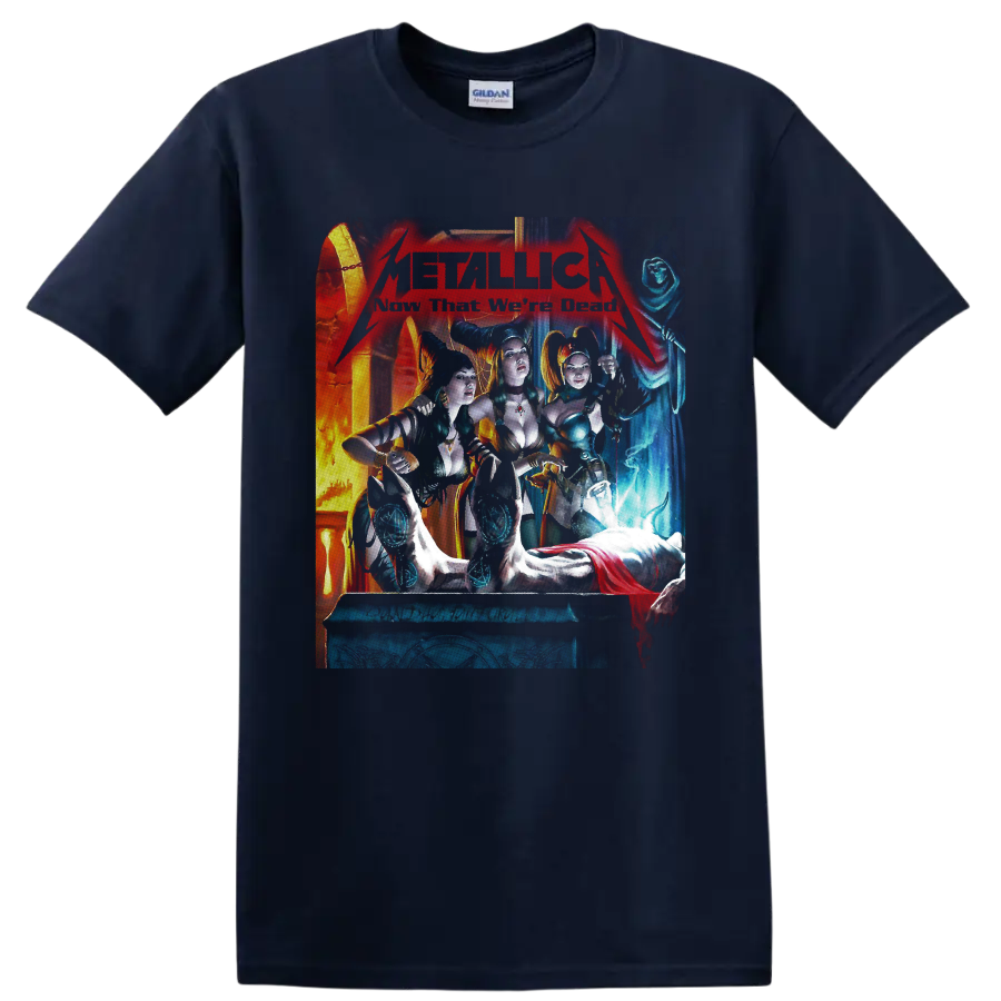 Metallica Kill 'Em All gothic horror artwork with horned women and a hooded skeleton on a Navy (Blue) T Shirt