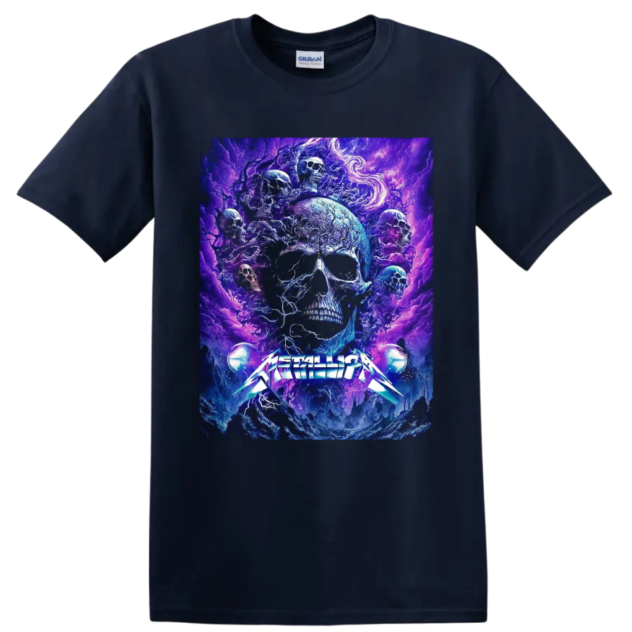 Metallica logo beneath psychedelic blue and purple skull cosmic artwork on a Navy (Blue) T Shirt