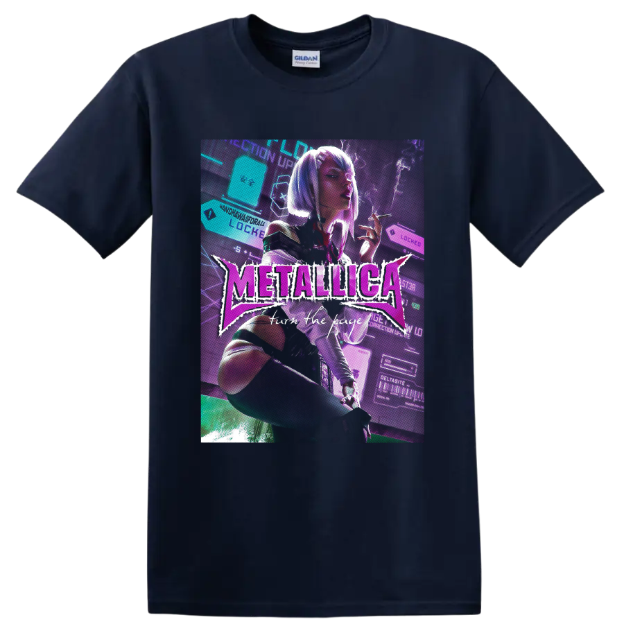 Metallica Turn the Page neon cyberpunk woman graphic with futuristic interface on a Navy (Blue) T Shirt