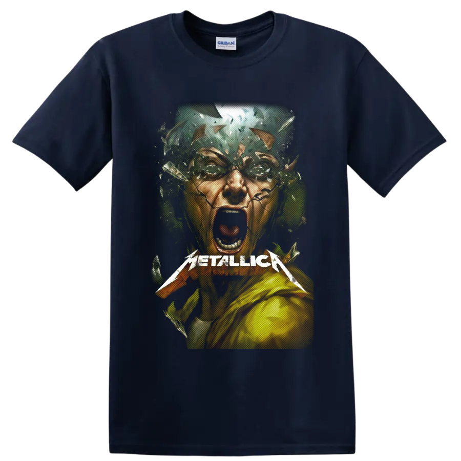 Metallica wordmark over a screaming shattered face in distressed heavy metal artwork on a Navy (Blue) T Shirt