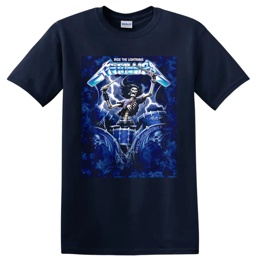 Metallica Ride the Lightning skeletal drummer graphic with lightning and spiked drums on a Navy (Blue) T Shirt