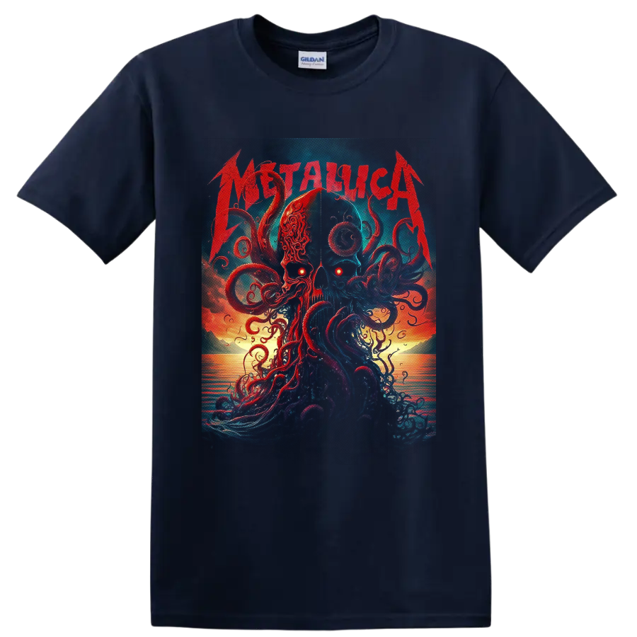 Metallica skull and kraken tentacle ocean sunset graphic in dark fantasy style on a Navy (Blue) T Shirt