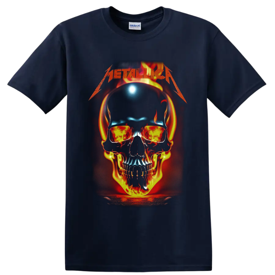 Metallica wordmark above a flaming skull with headphones and fiery sunglasses on a Navy (Blue) T Shirt