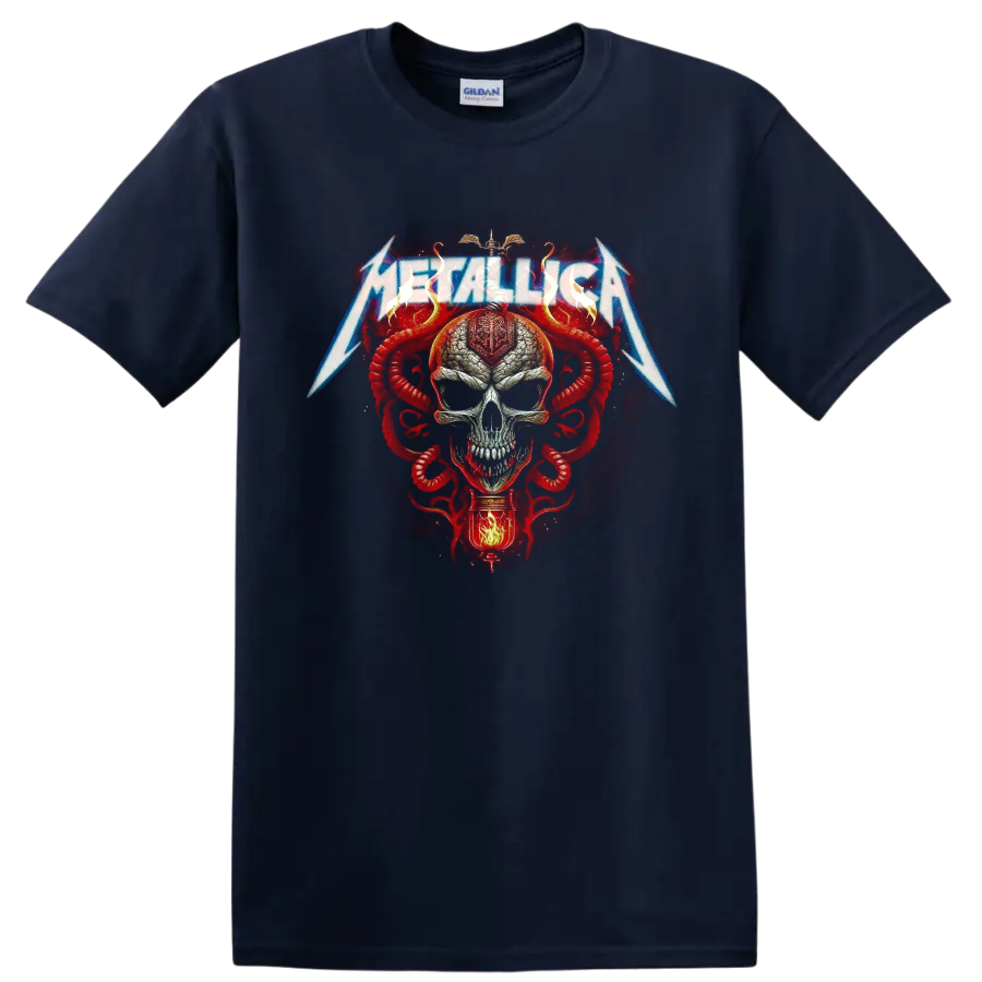 Metallica lightning logo over a skull with red serpents in gothic heavy metal art on a Navy (Blue) T Shirt