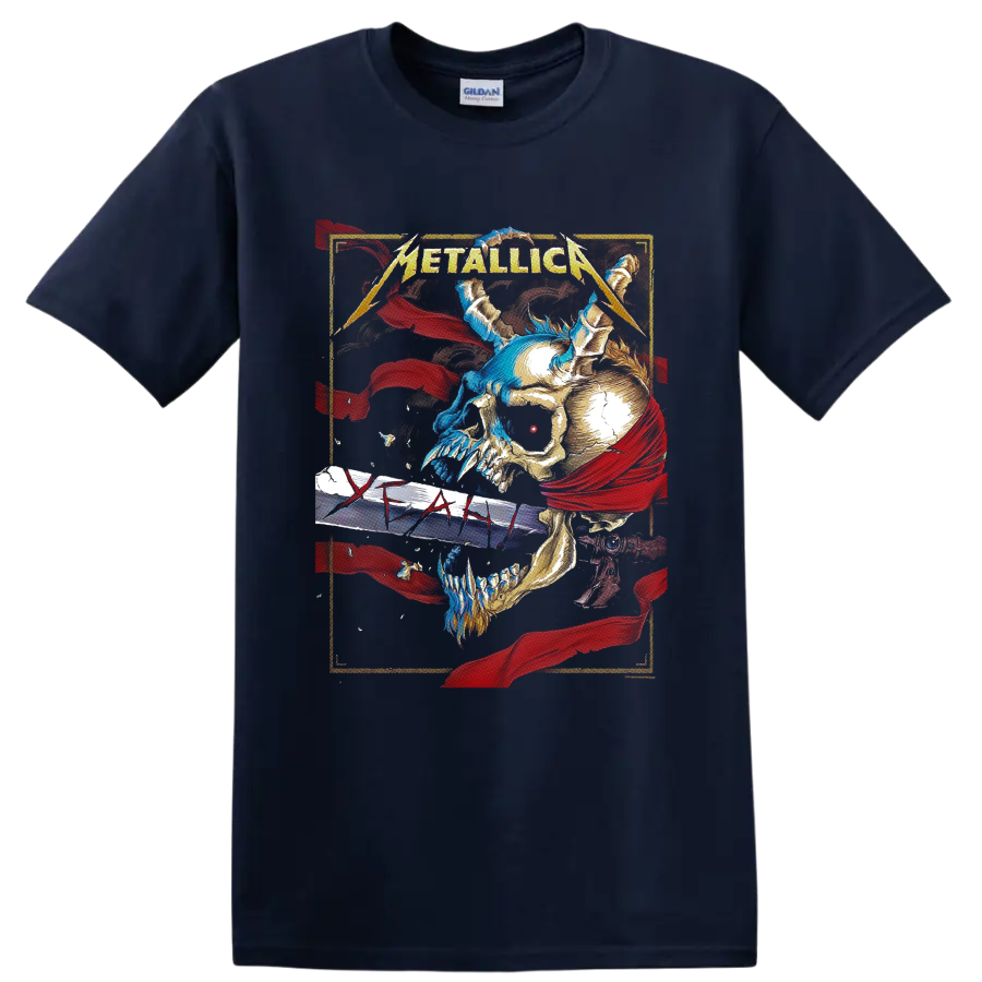 Metallica logo above skull and sword artwork with red banners and blue flame accents on a Navy (Blue) T Shirt