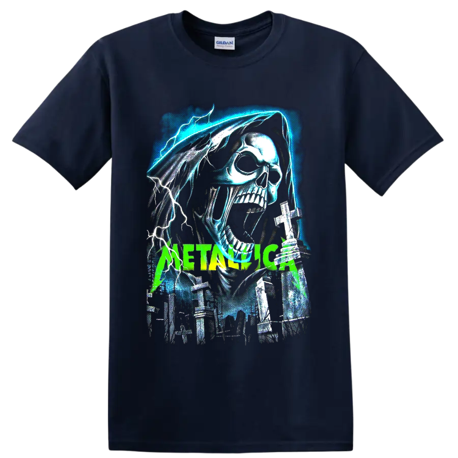 Metallica hooded skull with lightning, graveyard crosses, and neon green band lettering on a Navy (Blue) T Shirt