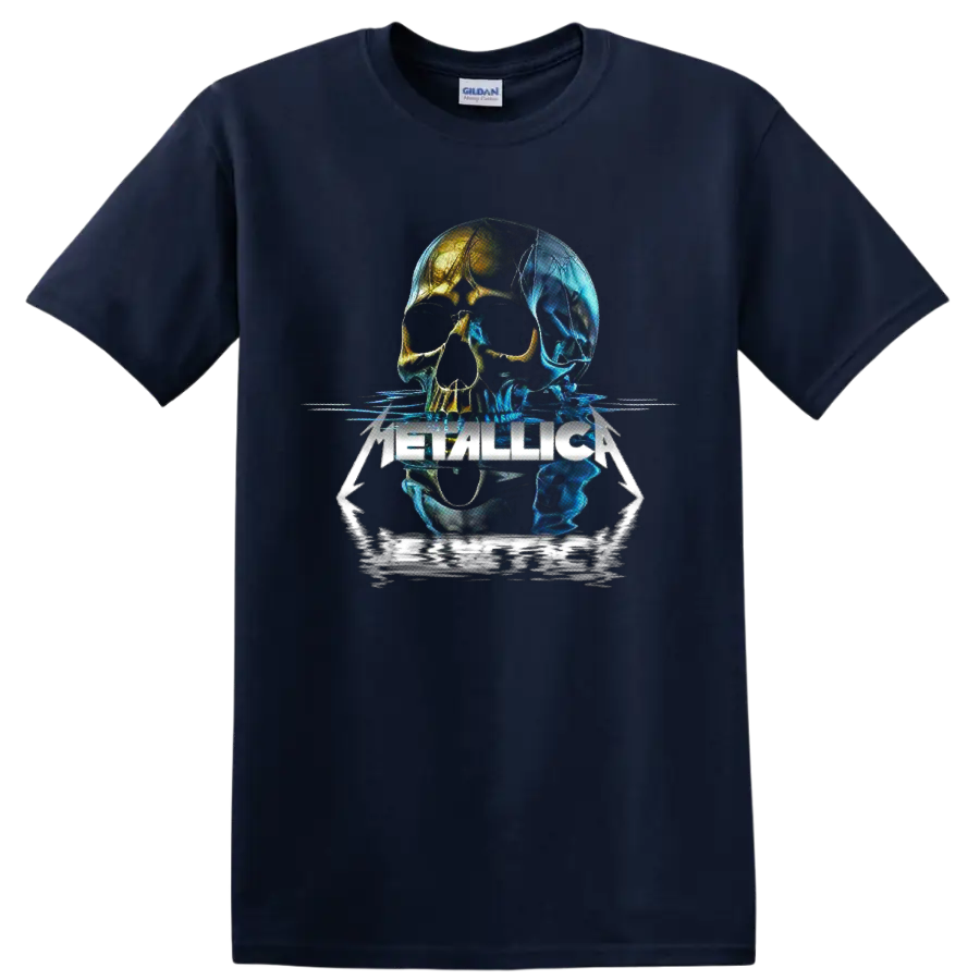 Metallica neon skull graphic with blue and gold reflections and sharp logo lettering on a Navy (Blue) T Shirt
