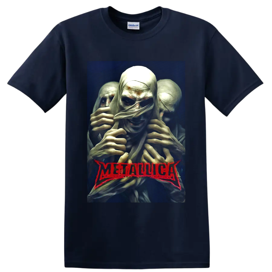 Metallica mummy horror art with three wrapped figures and red band logo on a Navy (Blue) T Shirt