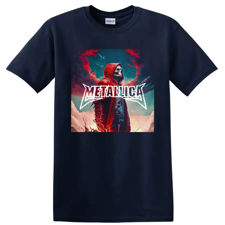 Metallica wordmark with red-hooded skull reaper in surreal smoky sky artwork on a Navy (Blue) T Shirt