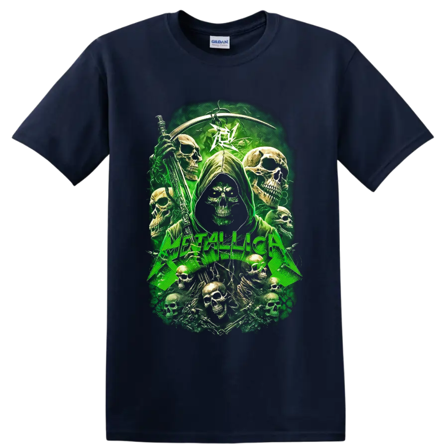 Metallica skull reaper graphic with scythe, green lightning, and surrounding skulls on a Navy (Blue) T Shirt