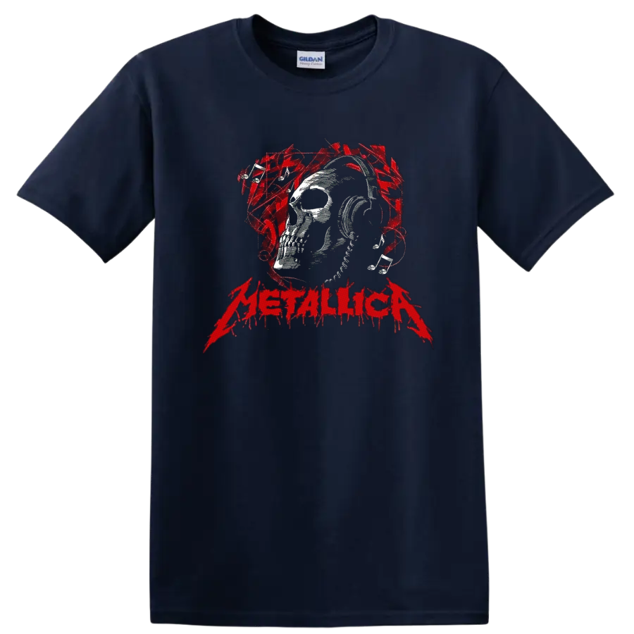 Metallica skull in headphones with red music notes and distressed heavy metal lettering on a Navy (Blue) T Shirt