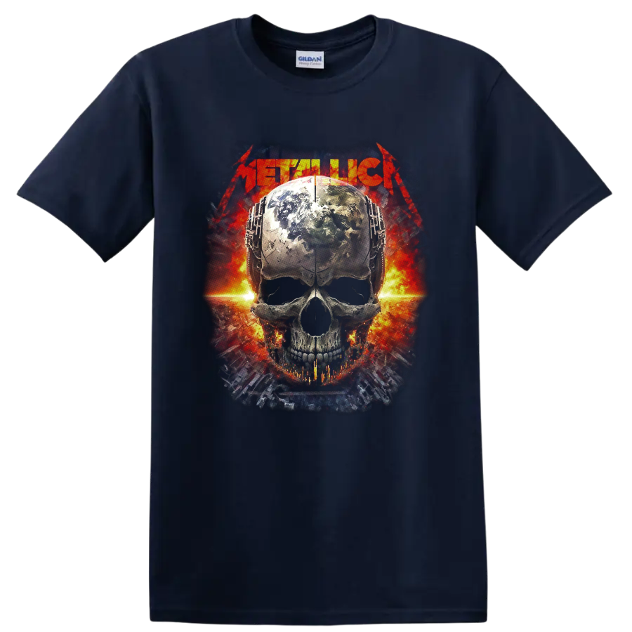 Metallica logo above a weathered globe-textured skull with fiery industrial artwork on a Navy (Blue) T Shirt