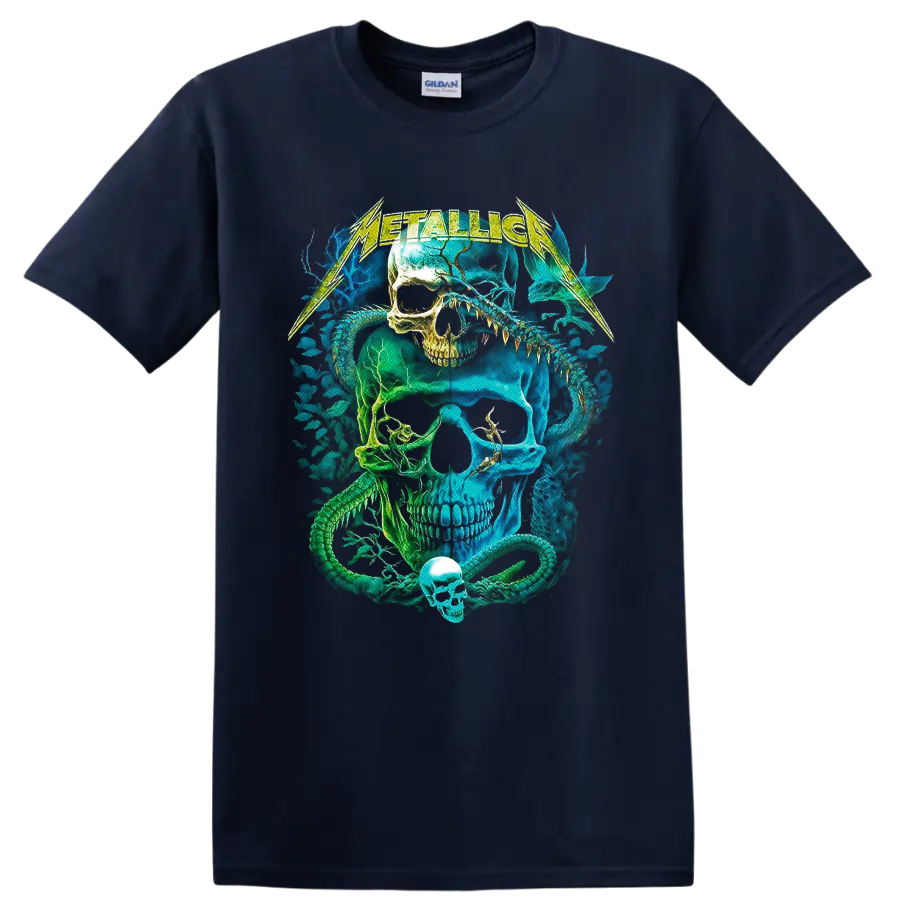 Metallica neon skull and coiled snake graphic with lightning-style band lettering on a Navy (Blue) T Shirt