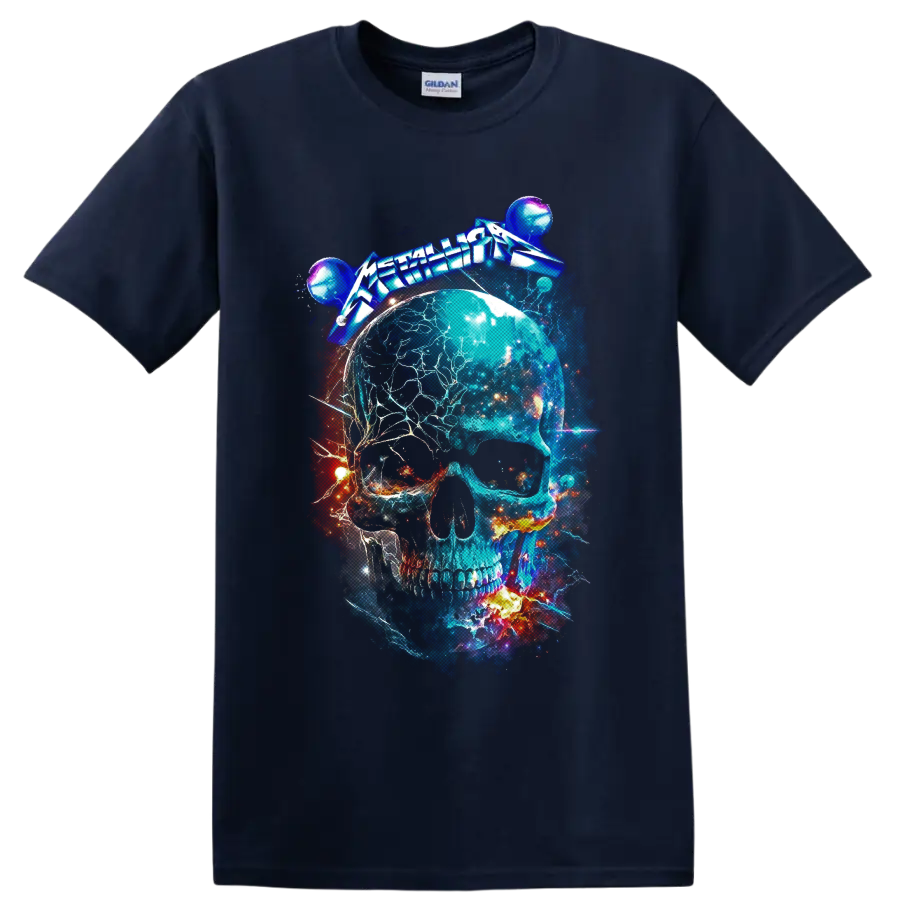 Metallica logo above an electric cosmic skull with planets, stars, and fiery space art on a Navy (Blue) T Shirt