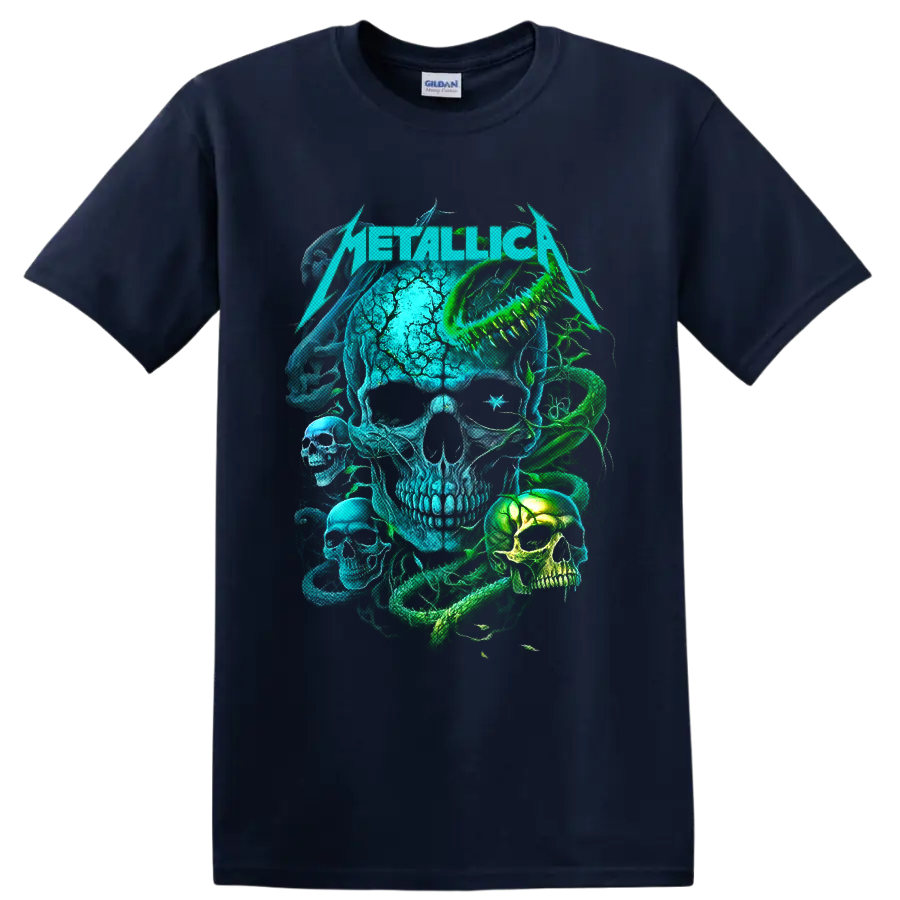 Metallica neon skulls and coiled snake graphic in electric blue and green on a Navy (Blue) T Shirt