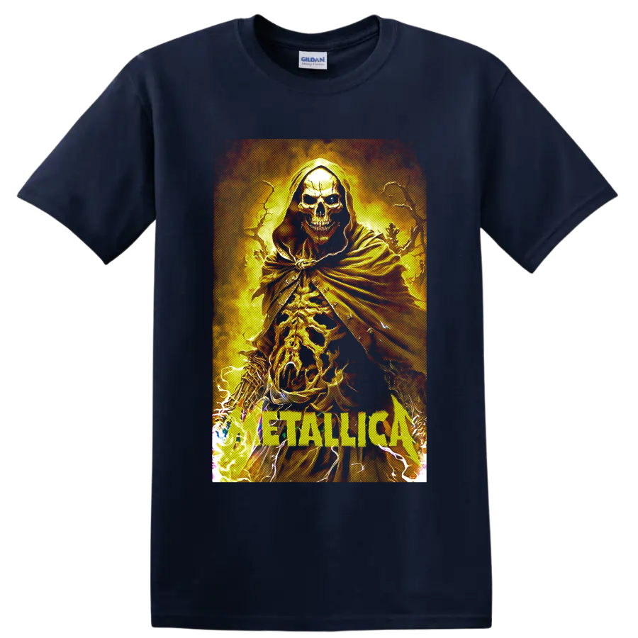 Metallica hooded skeleton graphic with flames, lightning, and band lettering on a Navy (Blue) T Shirt