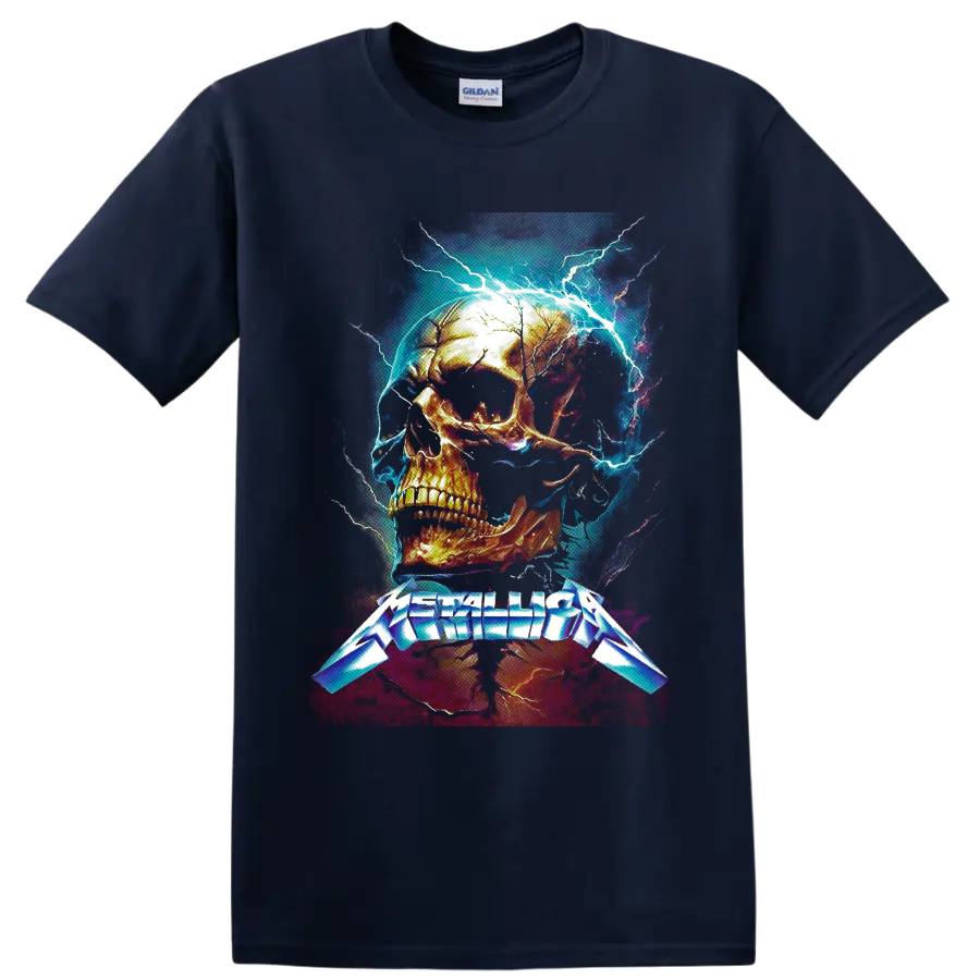 Metallica logo beneath a fiery skull with electric blue lightning on a Navy (Blue) T Shirt