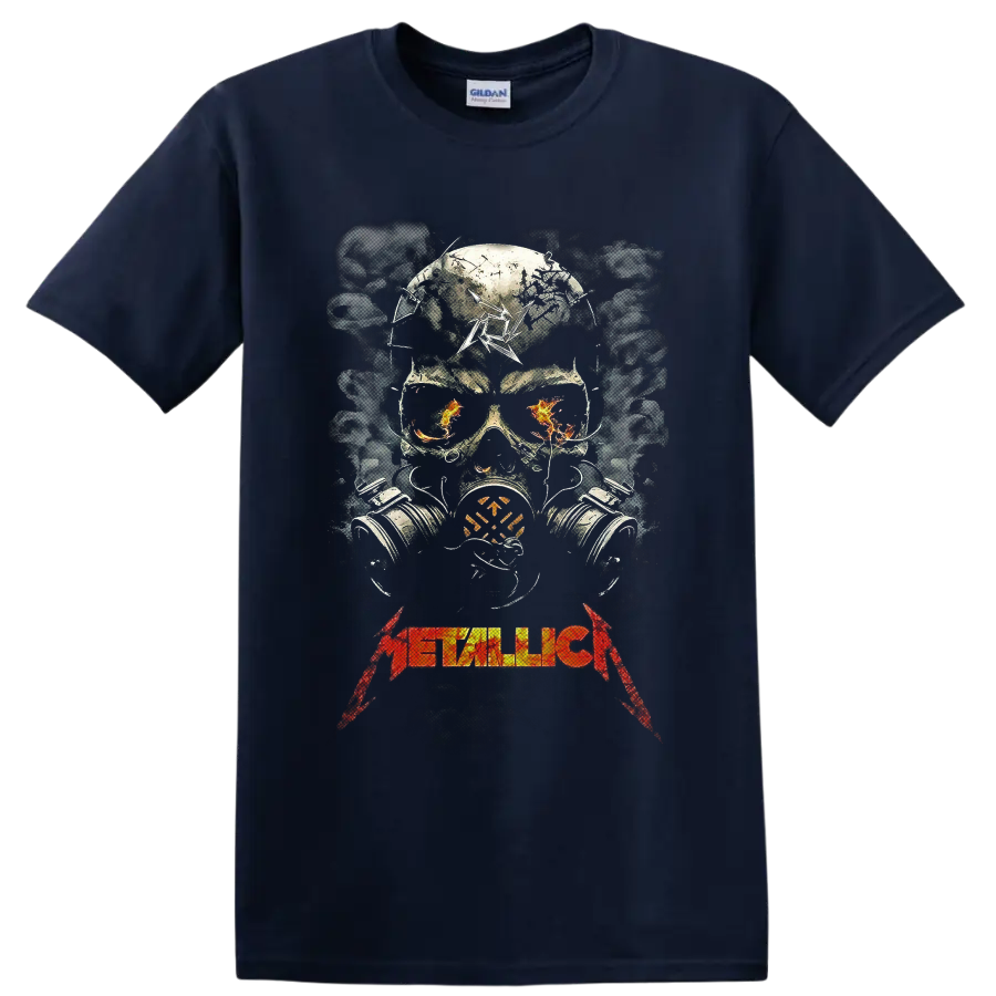 Metallica distressed skull in gas mask with flames, smoke, and band logo on a Navy (Blue) T Shirt