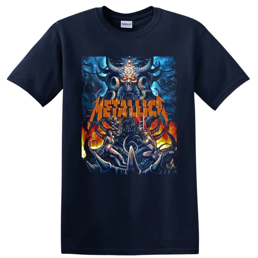 Metallica horned skull demon graphic with blue fantasy art, flames, and orange logo on a Navy (Blue) T Shirt