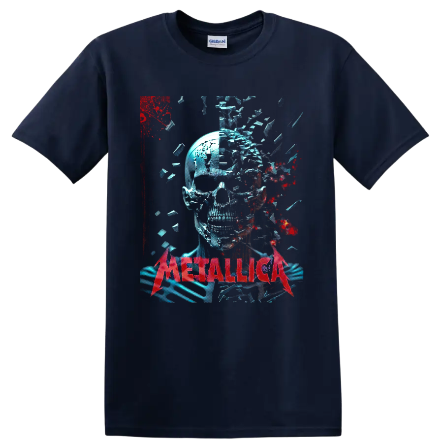 Metallica shattered skull graphic with blue fragments, red splatter, and red band on a Navy (Blue) T Shirt