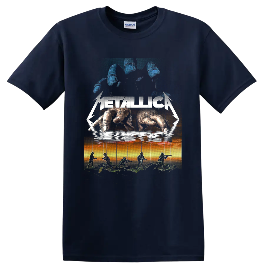 Metallica logo over giant hands controlling soldier marionettes in surreal rock art on a Navy (Blue) T Shirt