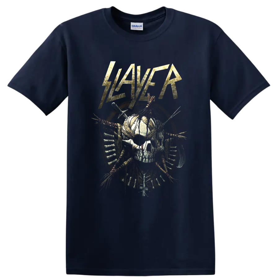 Slayer distressed logo above a bound skull with blades and weapon details on a Navy (Blue) T Shirt