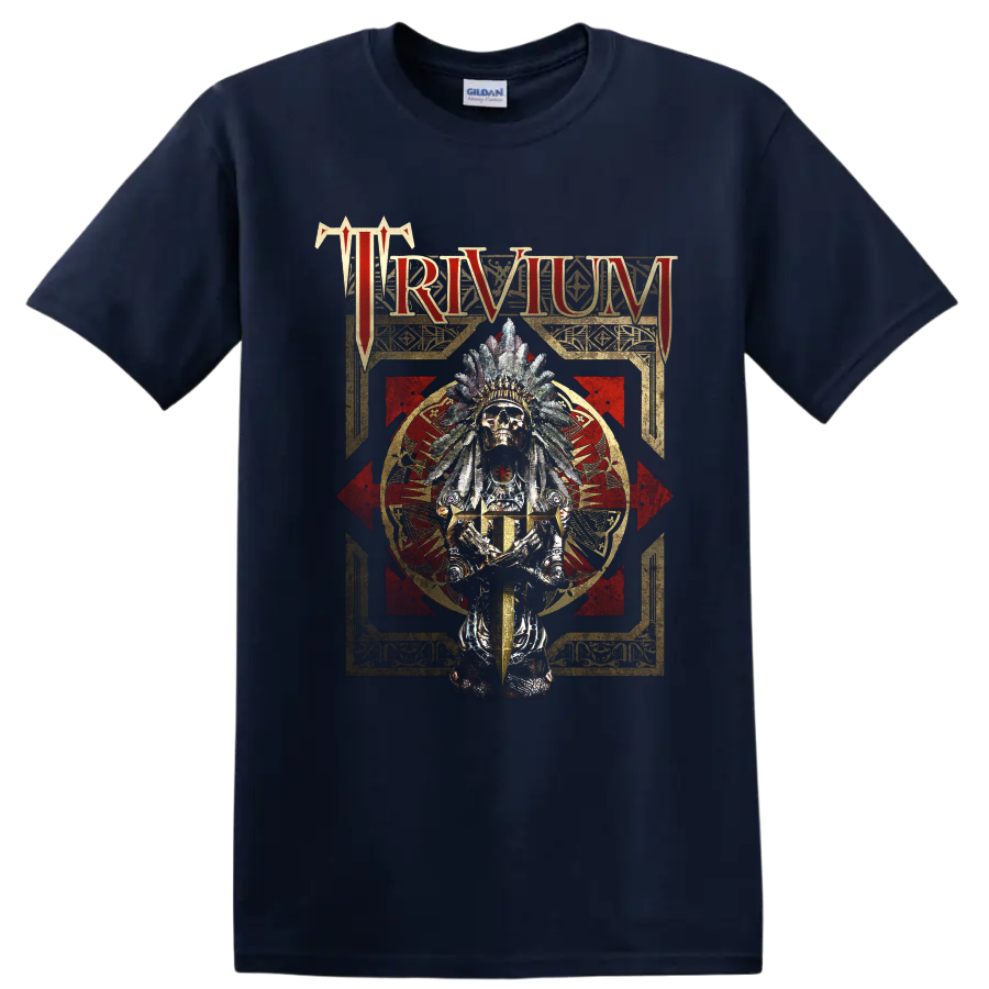 Trivium feathered skull warrior with sword in distressed gothic metal artwork on a Navy (Blue) T Shirt