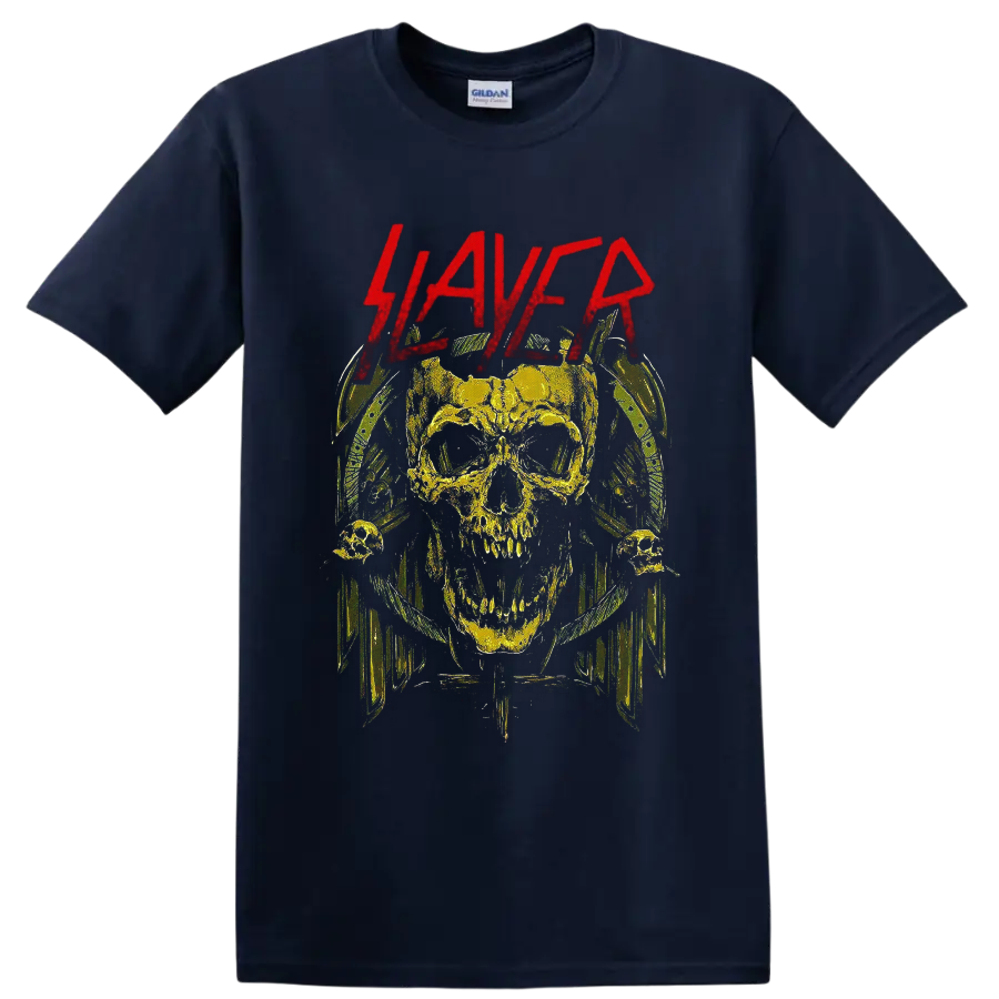 Slayer logo above a distressed horned skull in gothic thrash metal artwork on a Navy (Blue) T Shirt
