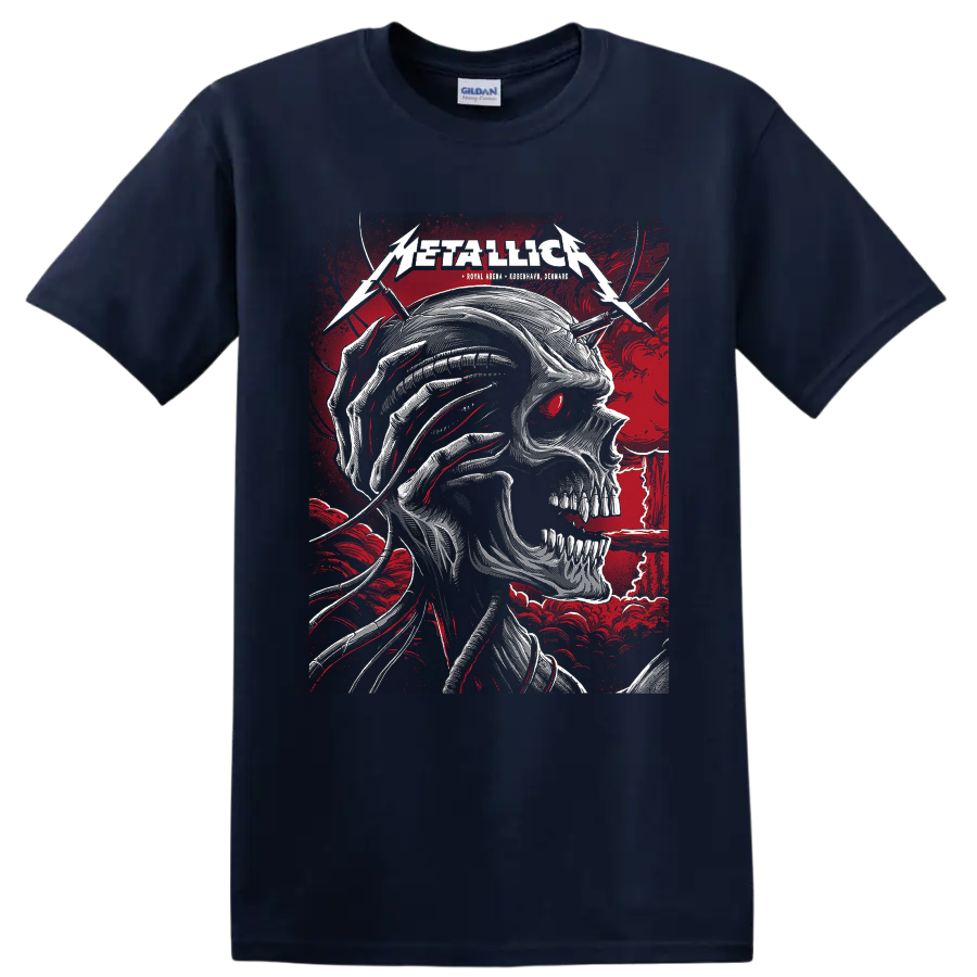 Metallica Royal Arena Copenhagen skull concert poster graphic with red eye and lightning on a Navy (Blue) T Shirt