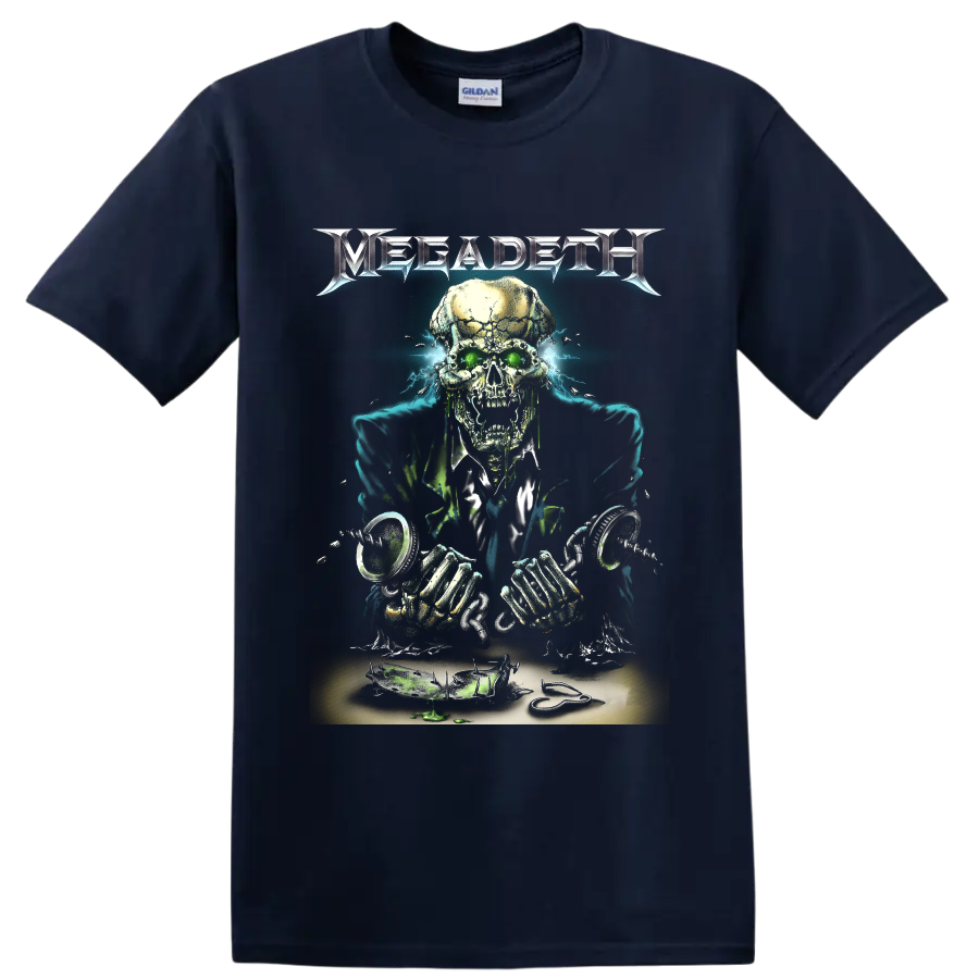 Megadeth Vic Rattlehead skull artwork with green eyes and electric blue energy on a Navy (Blue) T Shirt