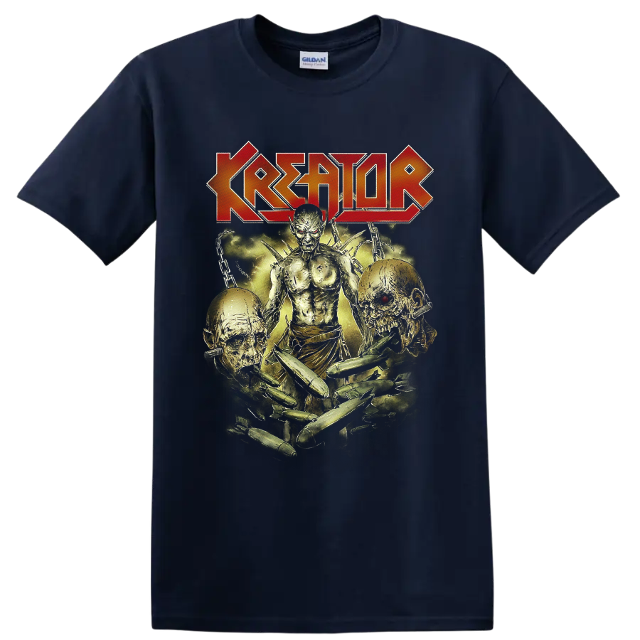 Kreator logo above skeletal warrior, skulls, chains, and bullets in distressed horror art on a Navy (Blue) T Shirt