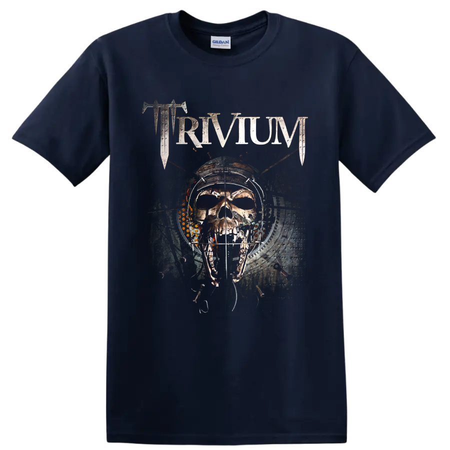 Trivium distressed logo above a mechanical skull in gothic industrial artwork on a Navy (Blue) T Shirt