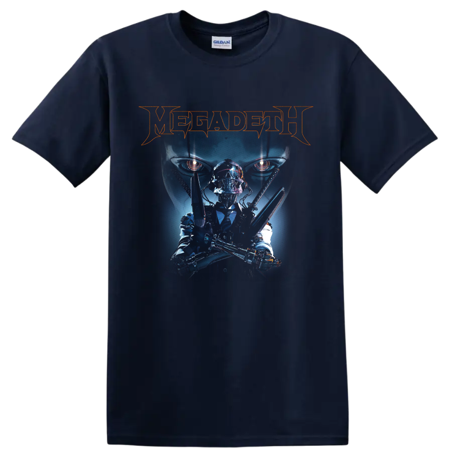 Megadeth logo with cybernetic Vic Rattlehead in a dark futuristic metal graphic on a Navy (Blue) T Shirt