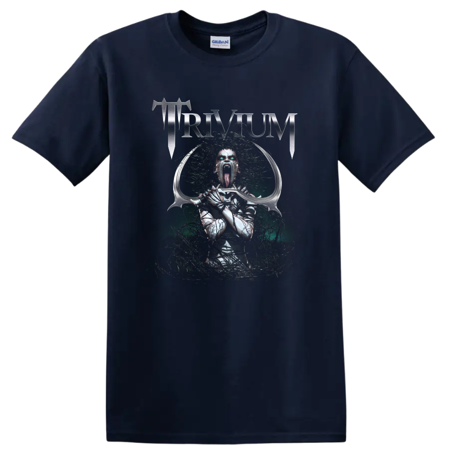 Trivium metallic logo above screaming demonic armored figure with curved sword on a Navy (Blue) T Shirt