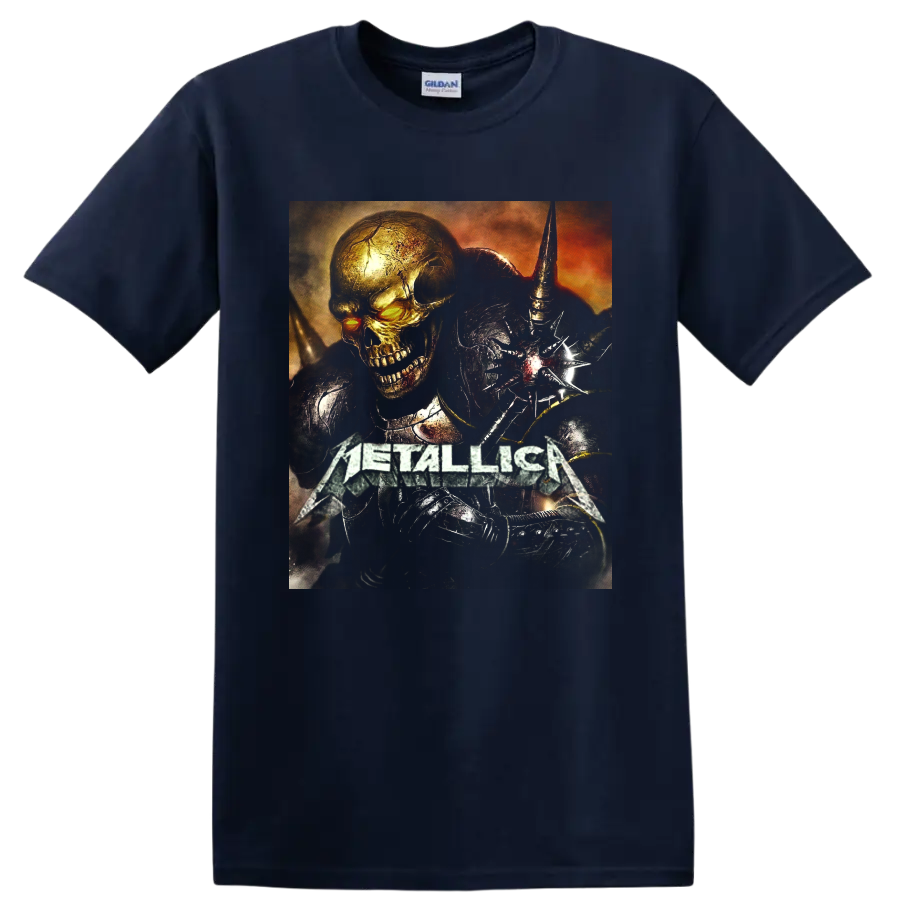 Metallica logo with glowing-eyed skull and dark armored warrior gothic graphic on a Navy (Blue) T Shirt