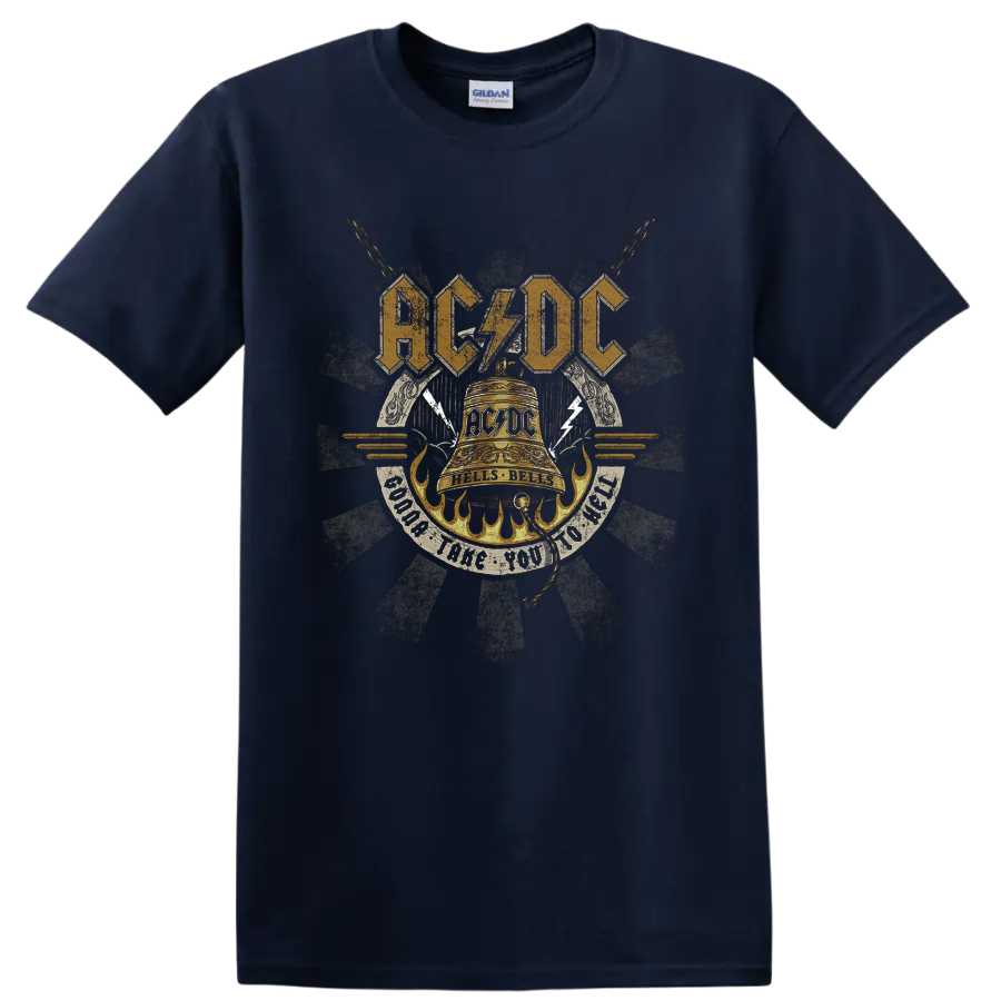 AC/DC Hells Bells distressed gold bell graphic with flames, chains, and lightning on a Navy (Blue) T Shirt