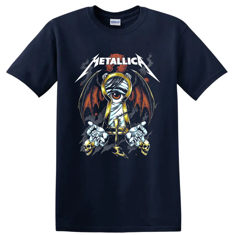 Metallica logo above a one-eyed mummy with gold headphones, wings, skulls, and barbed wire on a Navy (Blue) T Shirt