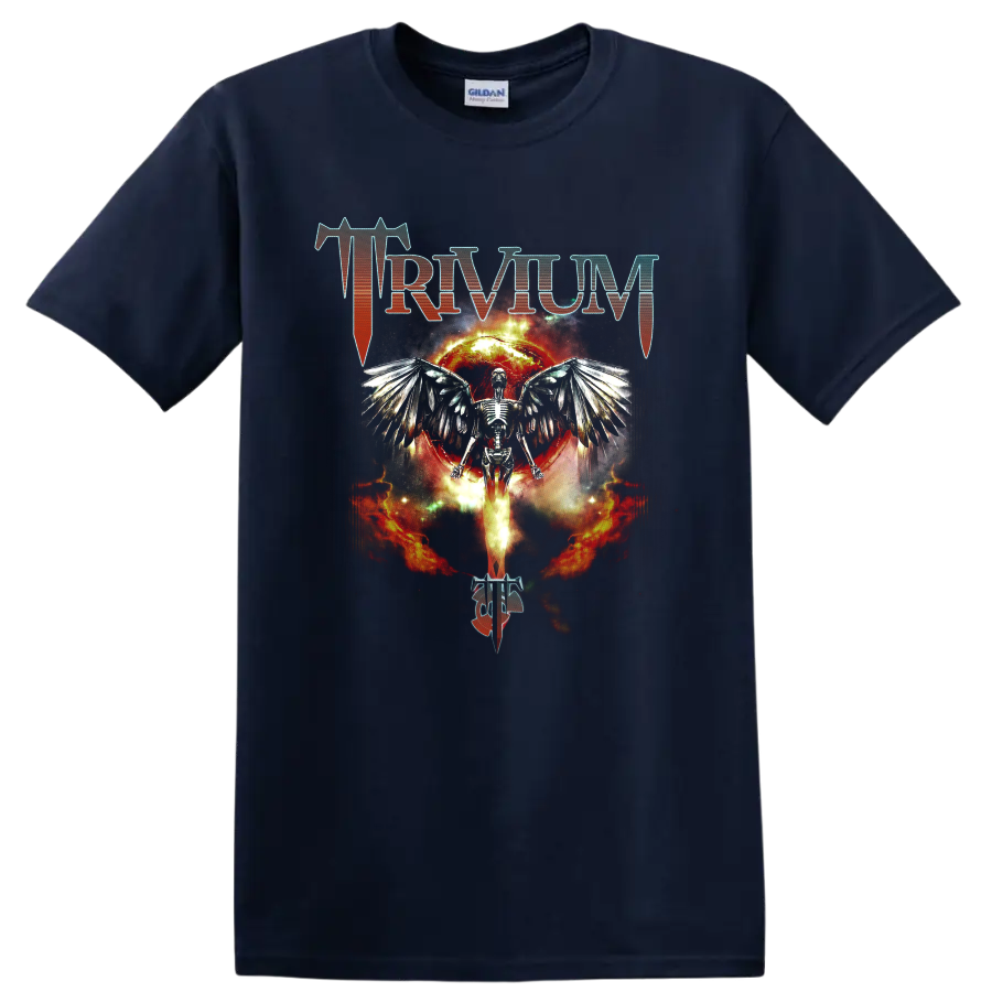 Trivium logo with winged skeleton, fiery eclipse, and flames in metal art on a Navy (Blue) T Shirt