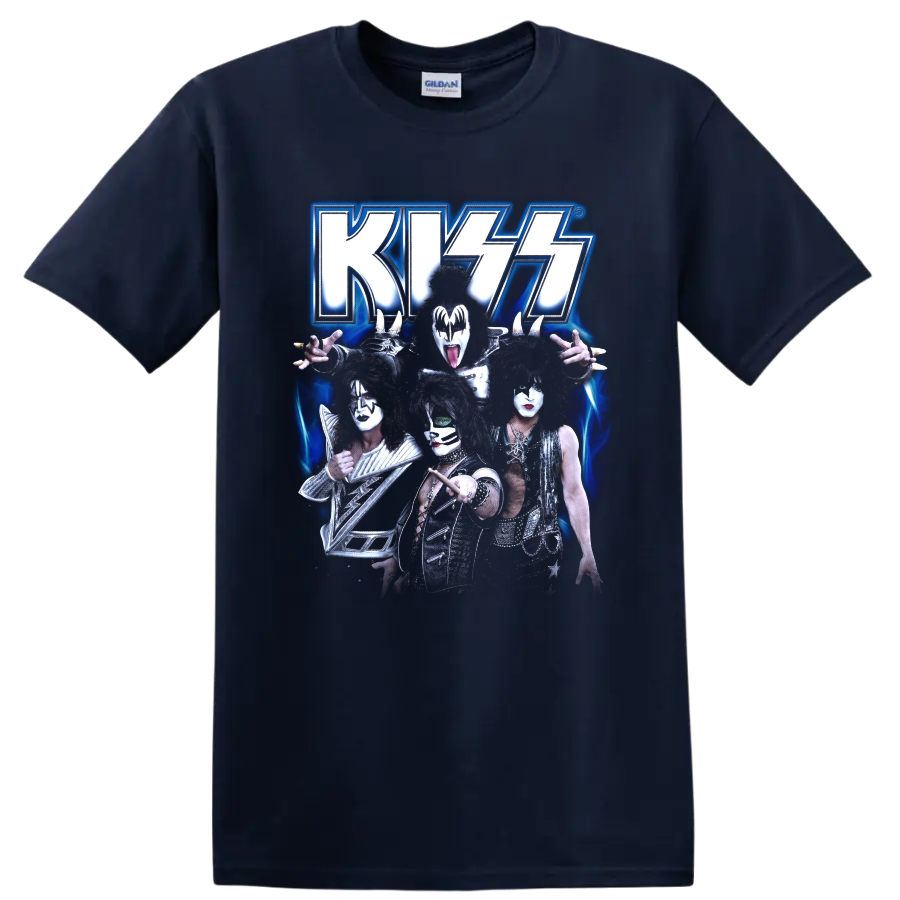 KISS band members in theatrical makeup beneath a glowing blue KISS logo on a Navy (Blue) T Shirt