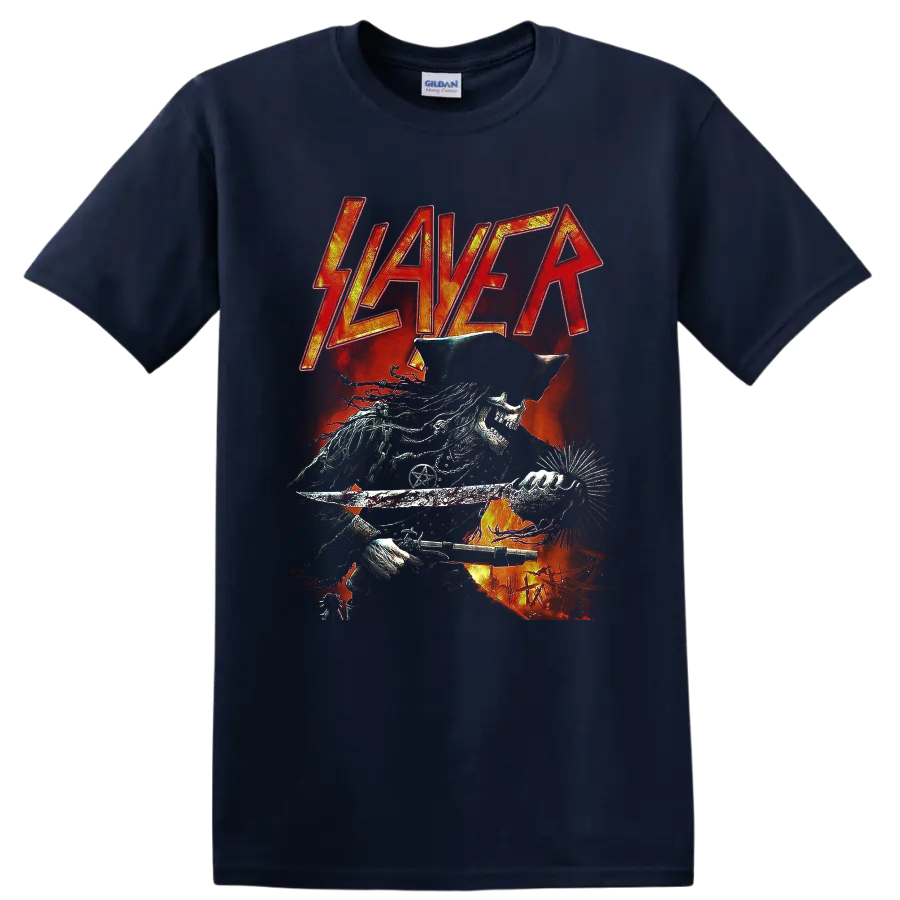 Slayer logo above a fiery pirate skeleton with sword and firearm in dark metal art on a Navy (Blue) T Shirt