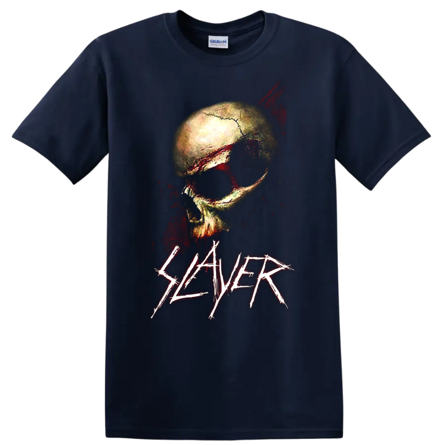 Distressed skull graphic with red splatter details and Slayer logo on a Navy (Blue) T Shirt
