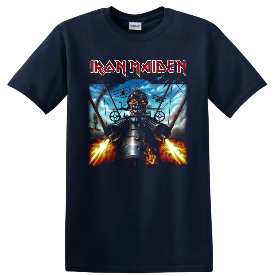 Iron Maiden Eddie fighter pilot graphic with blazing guns, aircraft, flames, and band logo on a Navy (Blue) T Shirt