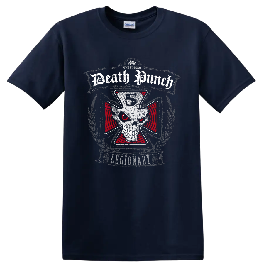 Five Finger Death Punch Legionary skull graphic with red eyes and distressed lettering on a Navy (Blue) T Shirt
