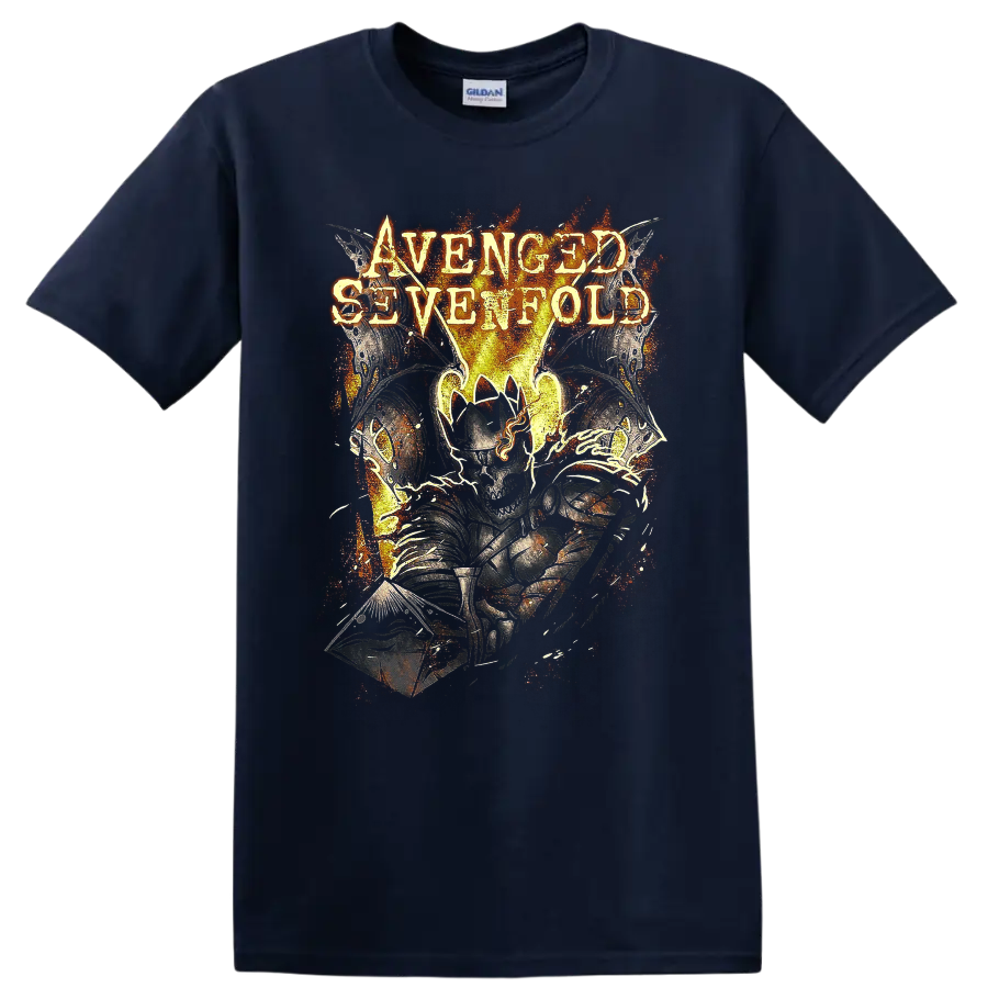 Avenged Sevenfold Deathbat in fiery distressed Shepherd of Fire graphic on a Navy (Blue) T Shirt