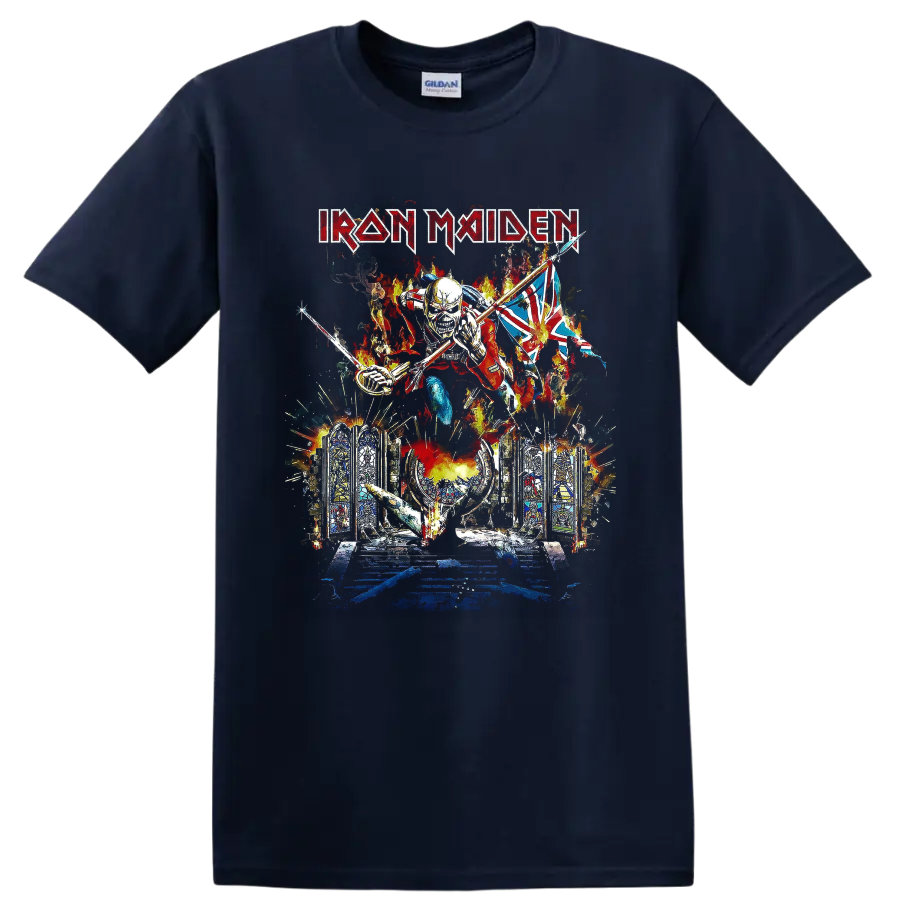 Iron Maiden Eddie the Trooper graphic with Union Jack, flames, and Gothic stained glass on a Navy (Blue) T Shirt