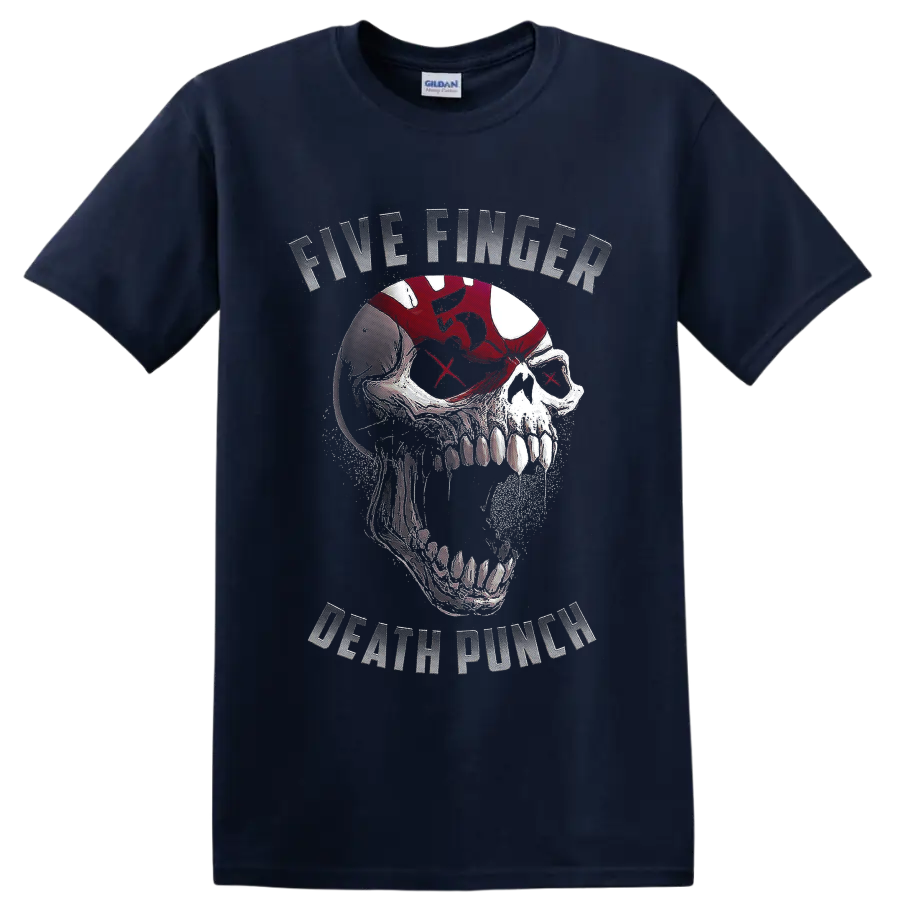 Five Finger Death Punch distressed skull graphic with red X eyes and band lettering on a Navy (Blue) T Shirt