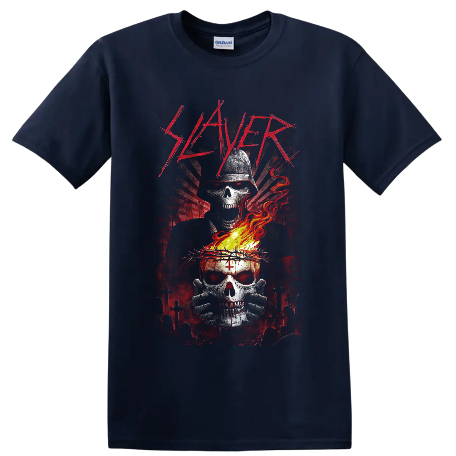 Slayer logo above hooded reaper and flaming skull in gothic graveyard art on a Navy (Blue) T Shirt