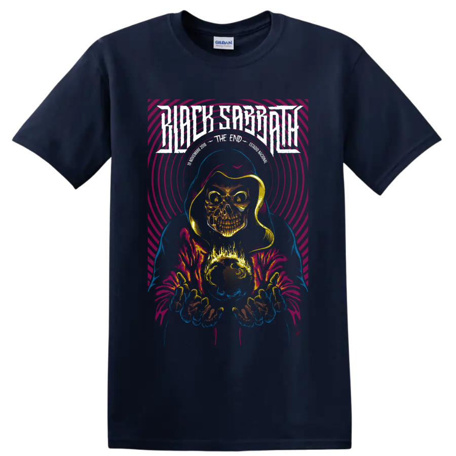 Judas Priest Invincible Shield hooded skull wizard with flaming globe and neon rings on a Navy (Blue) T Shirt
