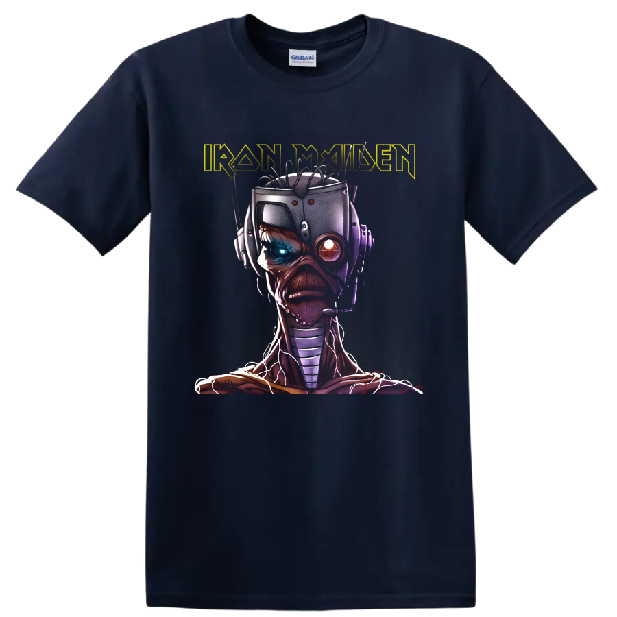 Iron Maiden Eddie the Head cyborg portrait with glowing mechanical eyes and wired headset on a Navy (Blue) T Shirt